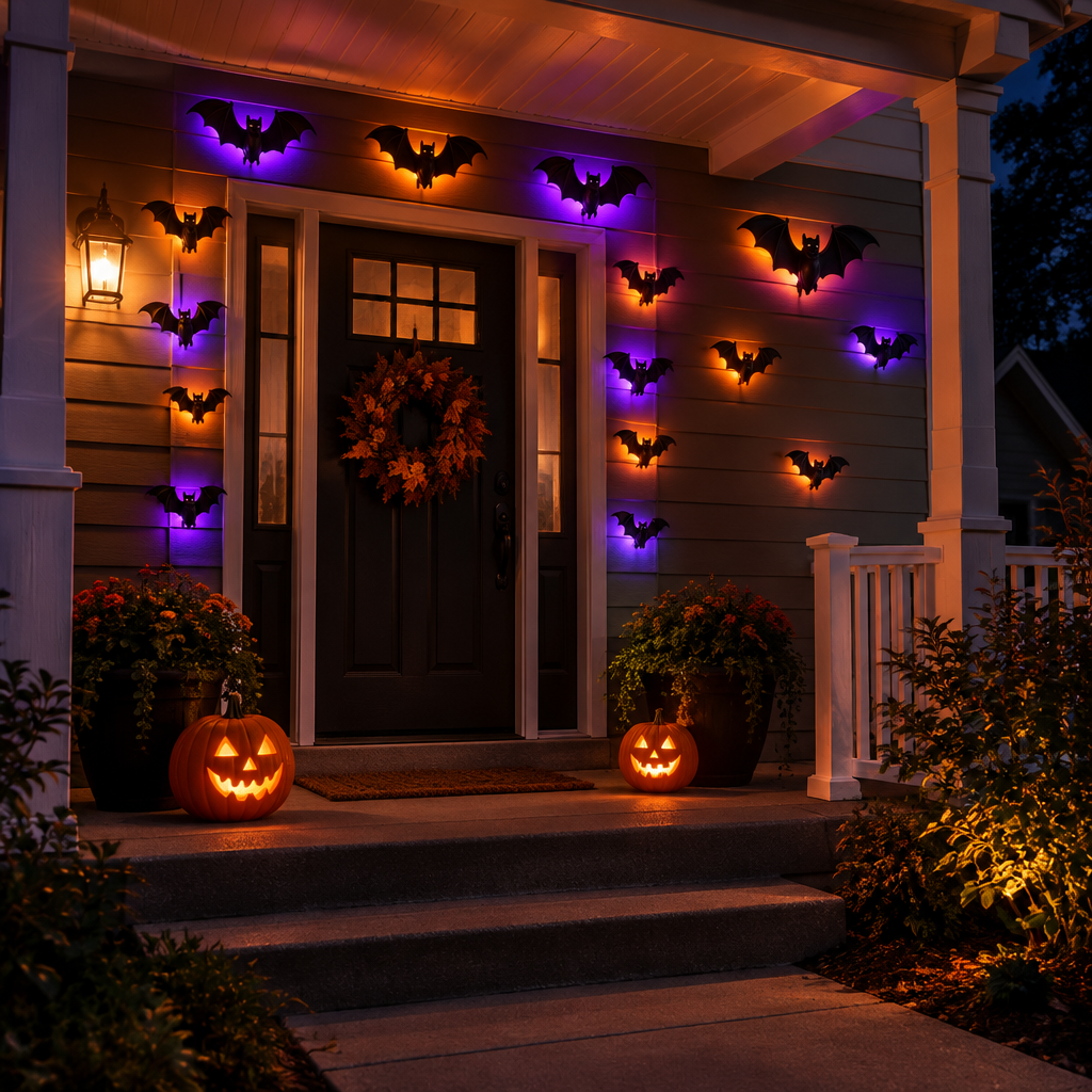 Glowing 3D bats around a front porch door with carved pumpkins on Halloween night