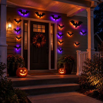 Glowing 3D bats around a front porch door with carved pumpkins on Halloween night