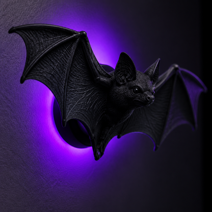 Close up of a single 3D LED bat with bendable wings and purple glow