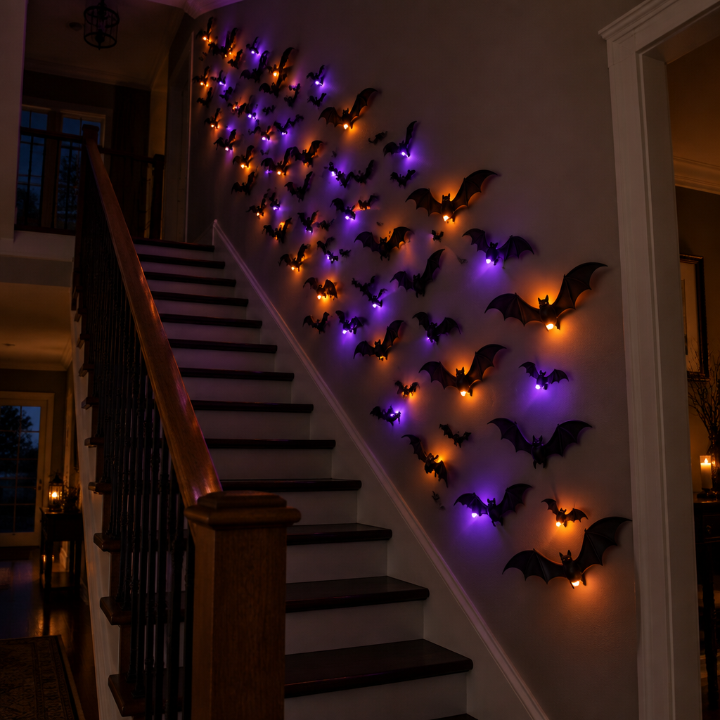 LED bats climbing a staircase wall with purple and orange glow