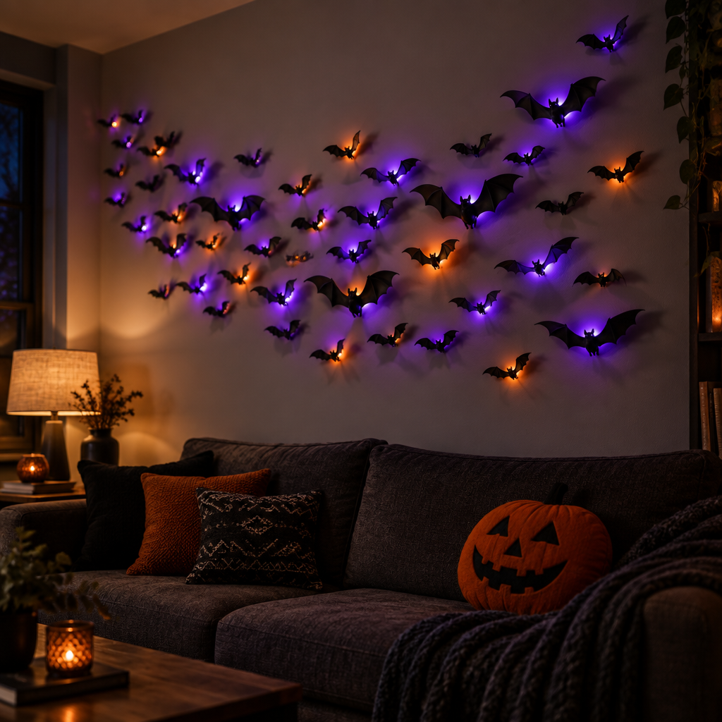 Glowing 3D LED bats swarming across a living room wall above a sofa at night